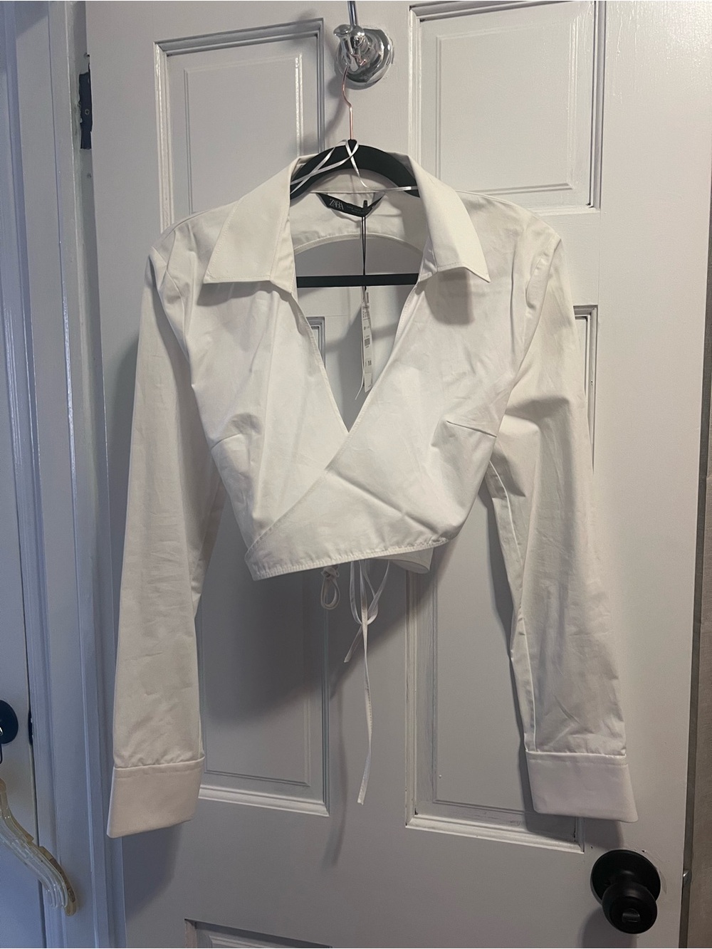 Zara White Cropped Wrap Collar Button-Front Top